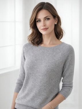 InCashmere 100% Cashmere Sweater Grey Crewneck 3/4 Sleeve Small